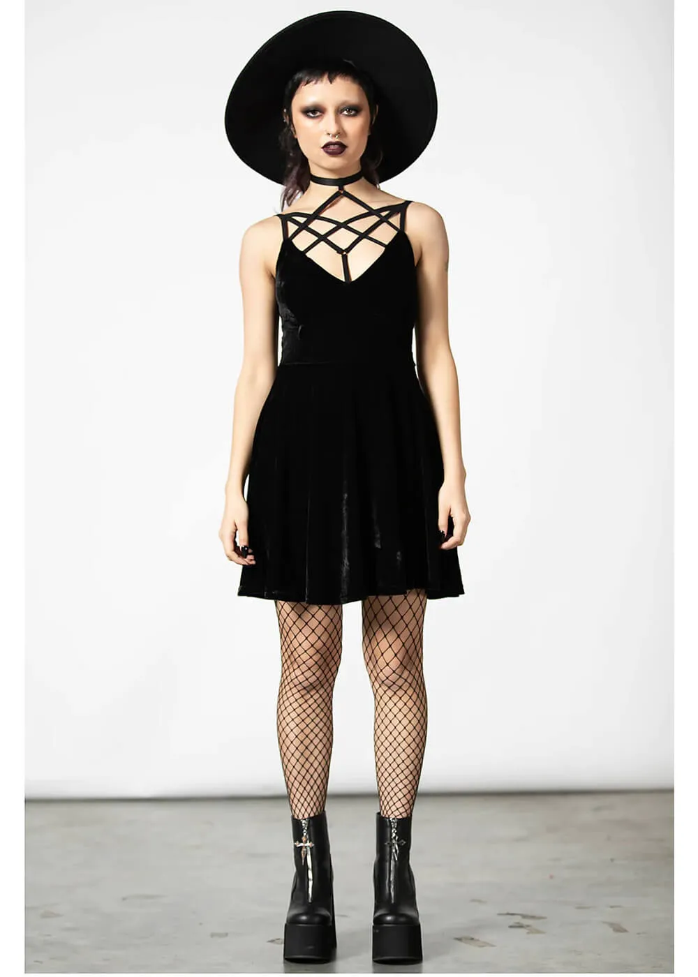 Killstar Magica Velvet Pentagram Skater Dress Black