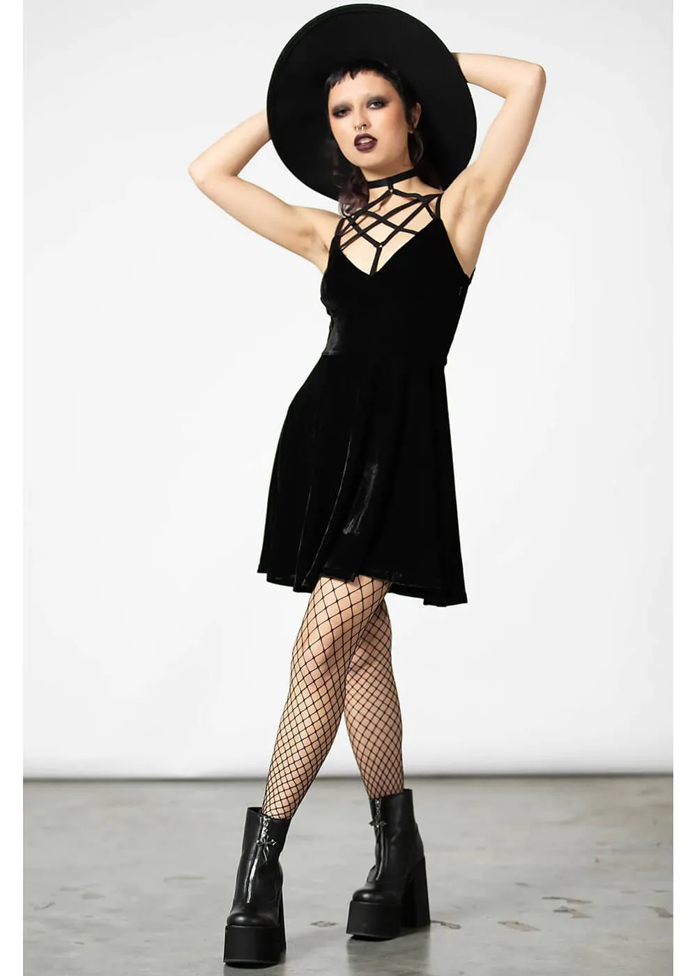 Killstar Magica Velvet Pentagram Skater Dress Black