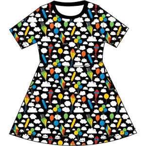 Kite And Clouds - Black Short Sleeve Skater Dress