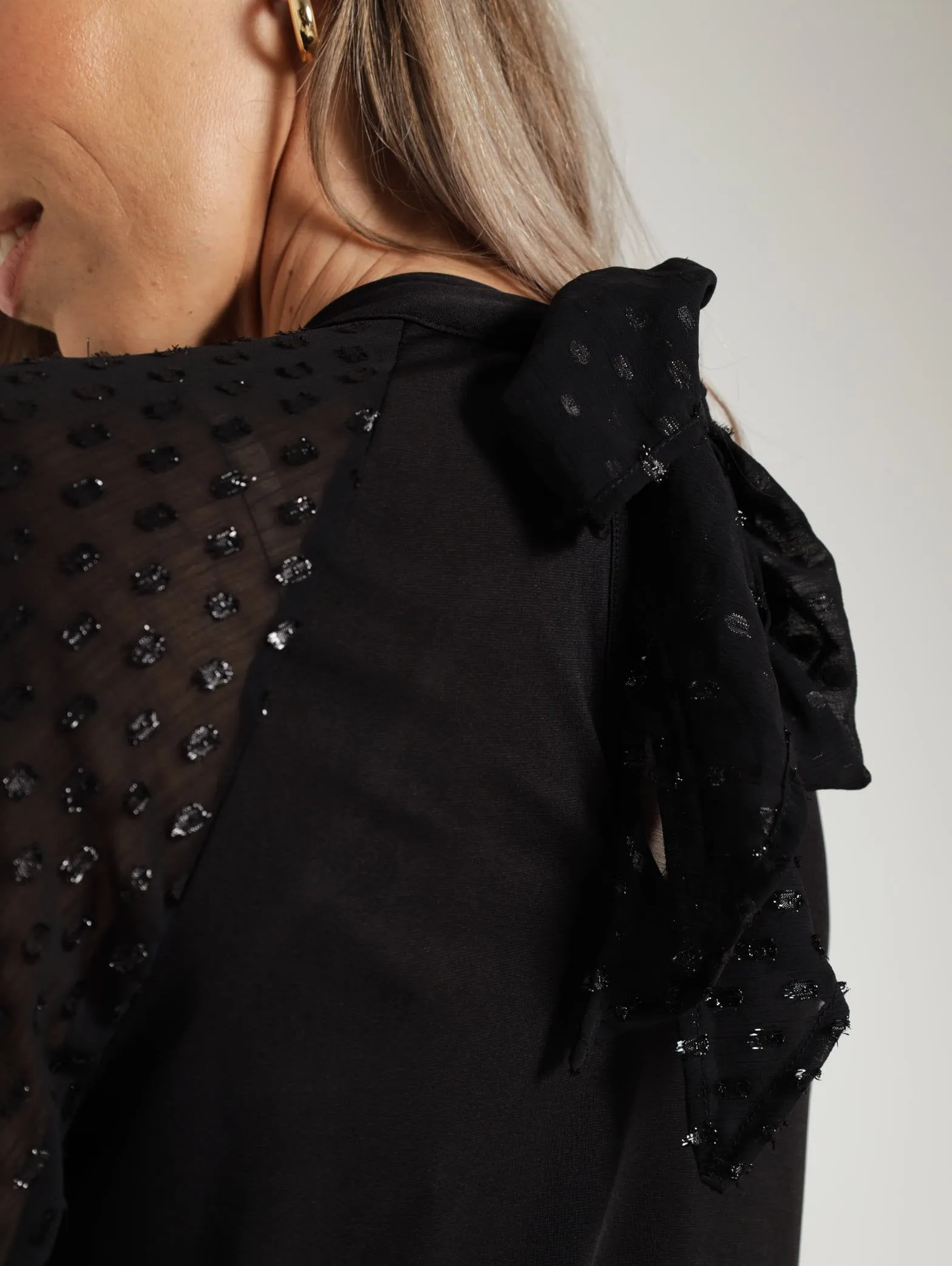 Kitty Bow Tie Combo Blouse - Black