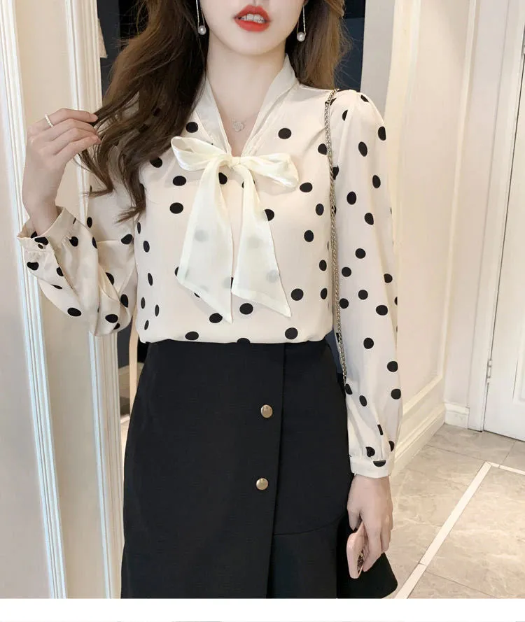 Lace Bow Polka Dot Pattern V-Neck Blouse Shirt