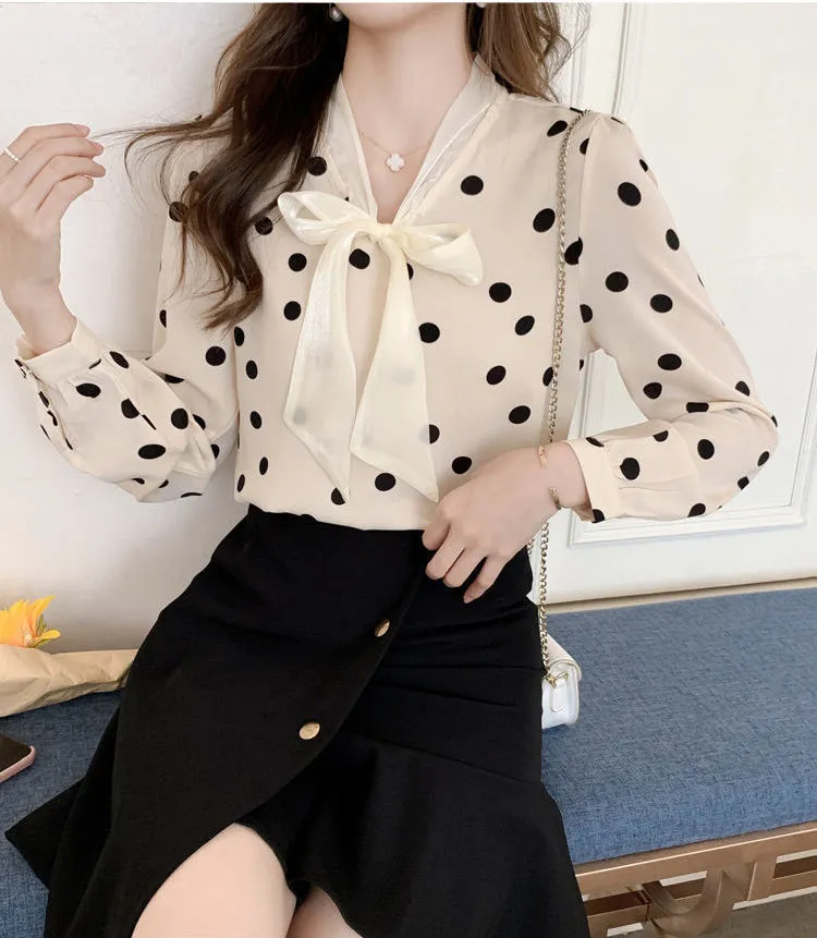 Lace Bow Polka Dot Pattern V-Neck Blouse Shirt
