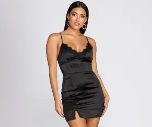 Lace Trim Stylish Satin Mini Dress