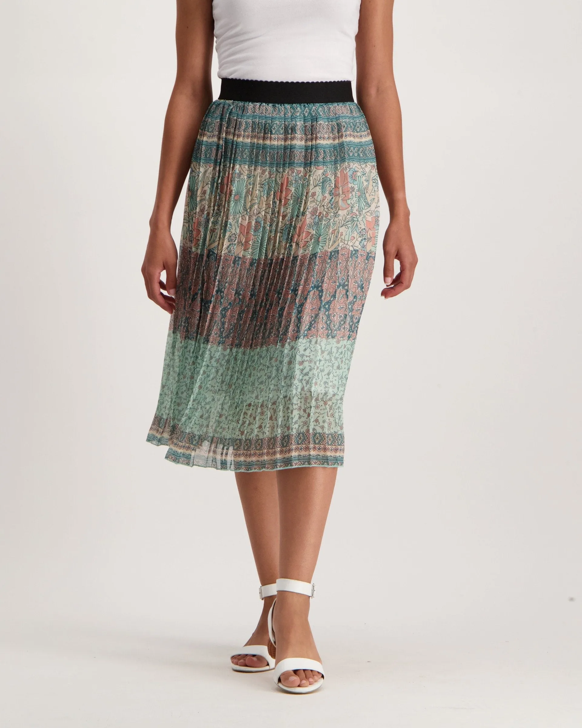 Ladies Pleated Patchwork Stripe Skirt - Multi