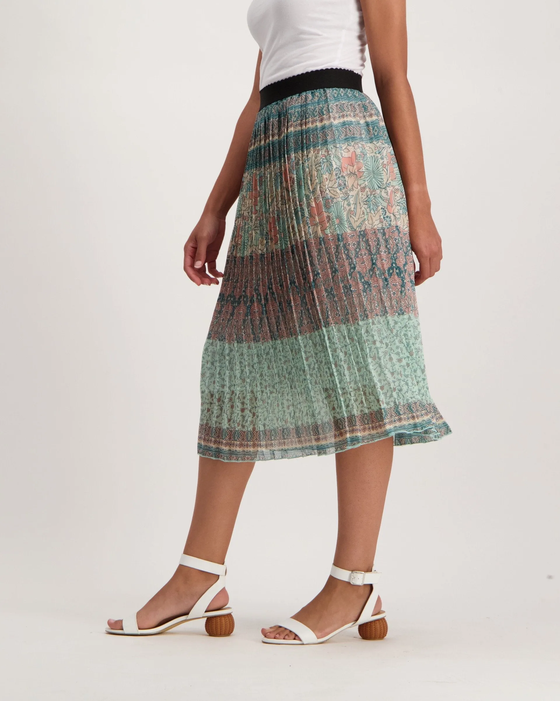 Ladies Pleated Patchwork Stripe Skirt - Multi