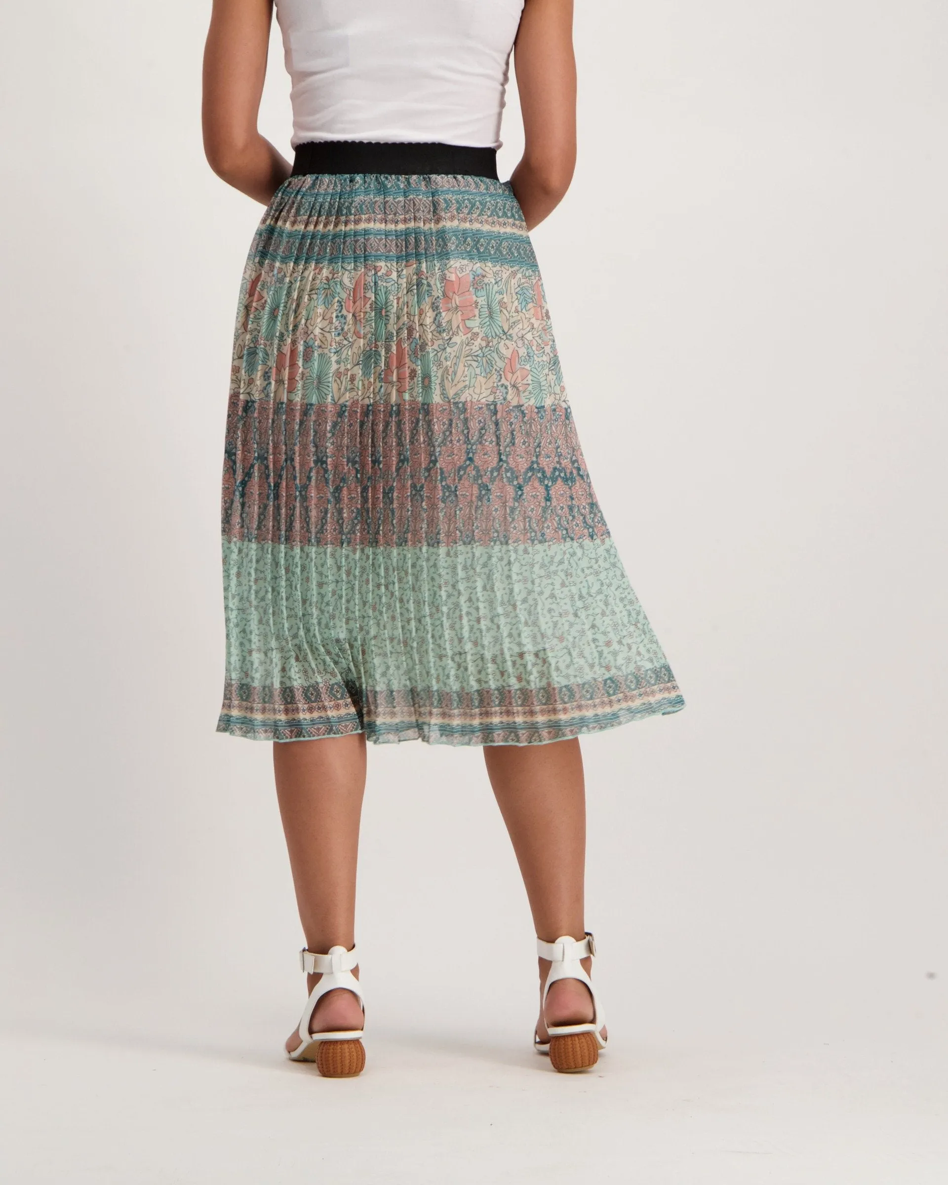Ladies Pleated Patchwork Stripe Skirt - Multi