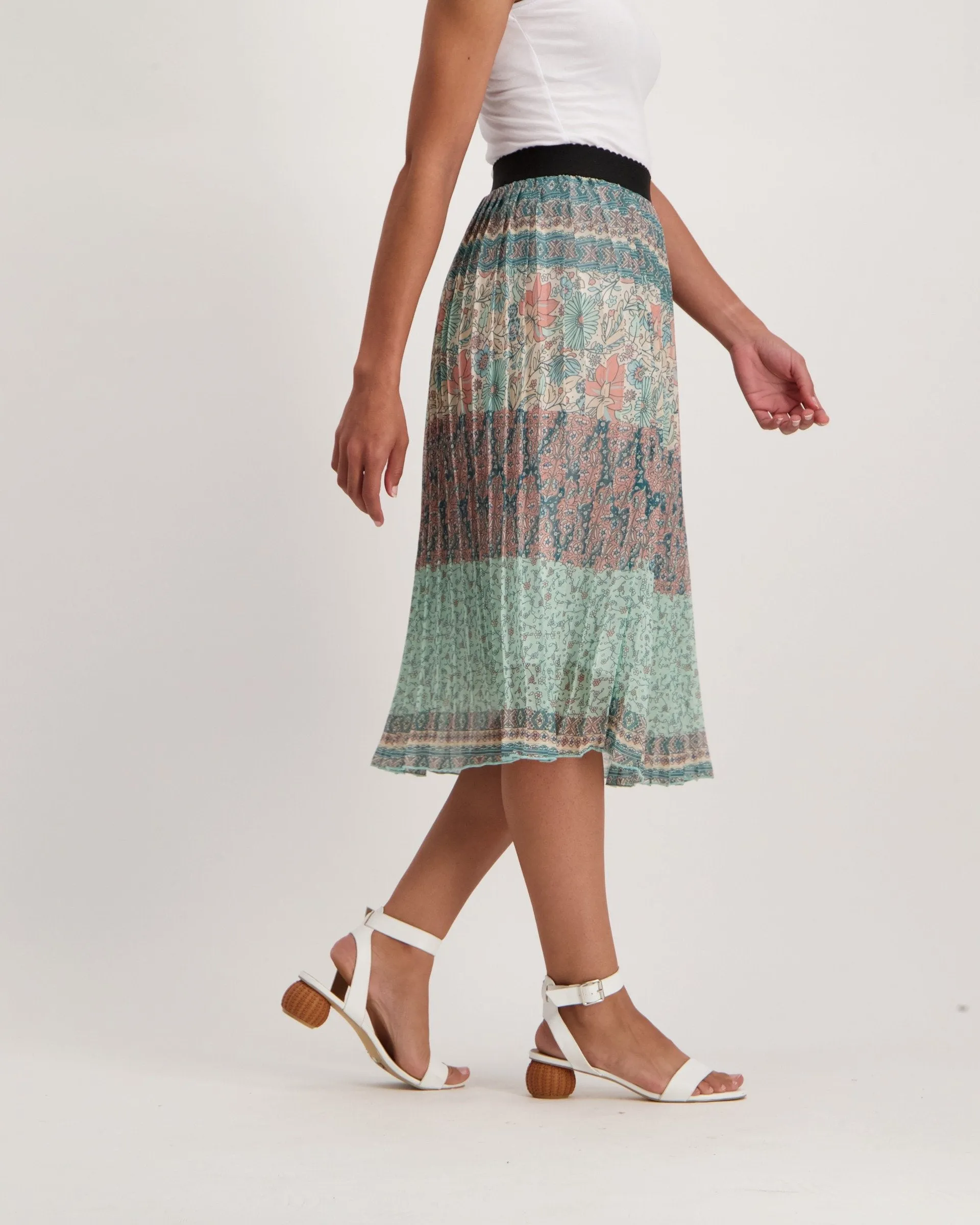 Ladies Pleated Patchwork Stripe Skirt - Multi