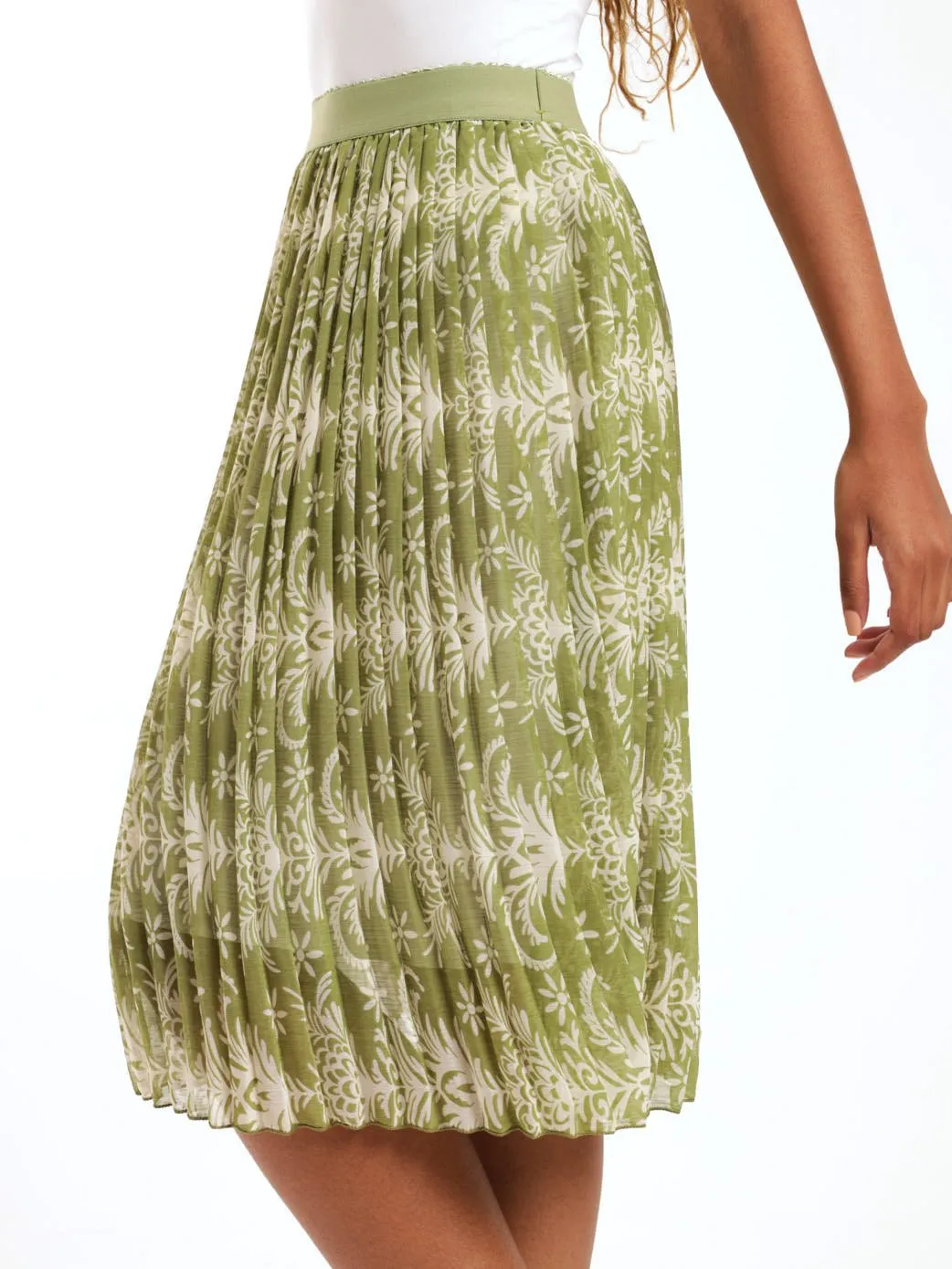 Ladies Pleated Patchwork Striped Skirt - Green