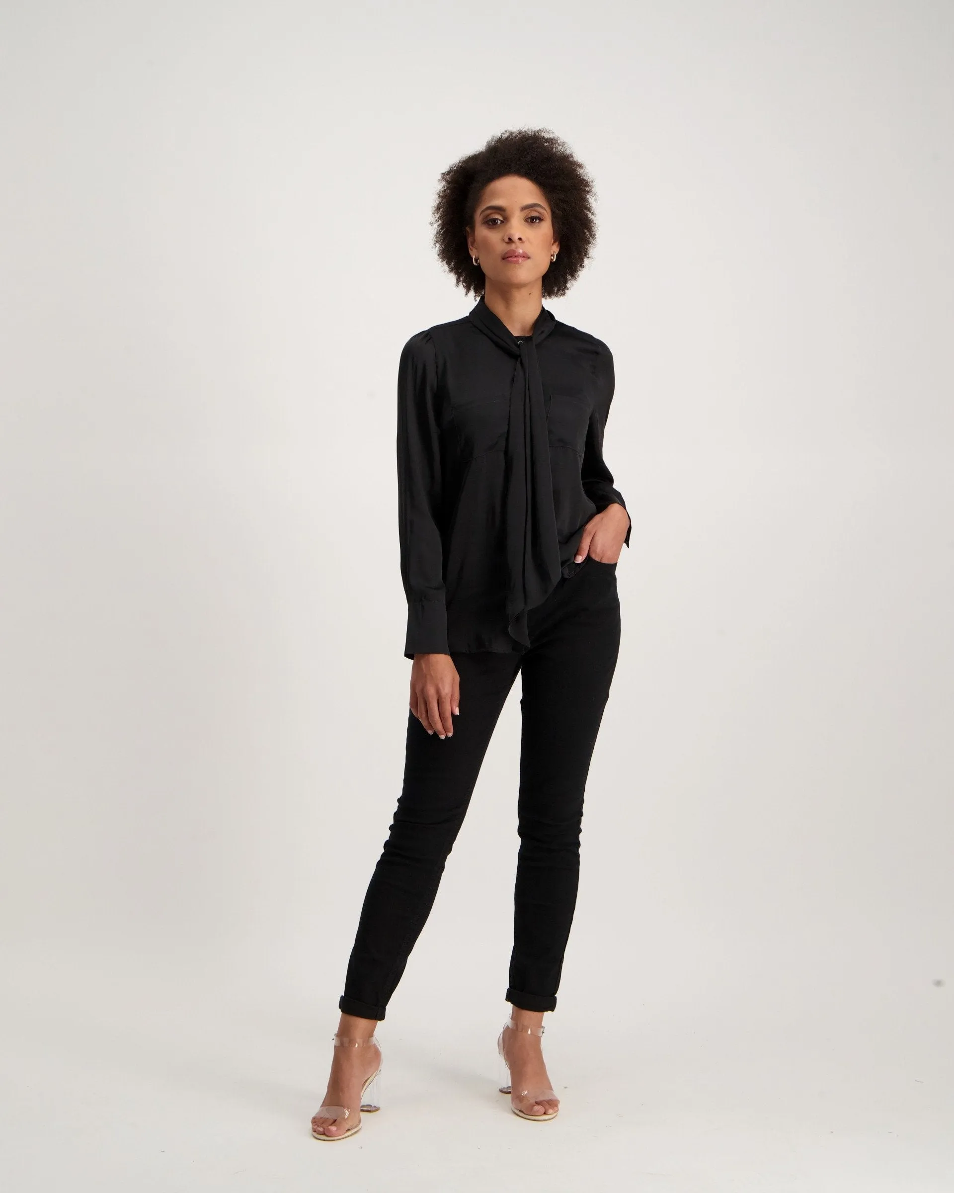 Ladies Satin Kitty Bow Blouse - Black