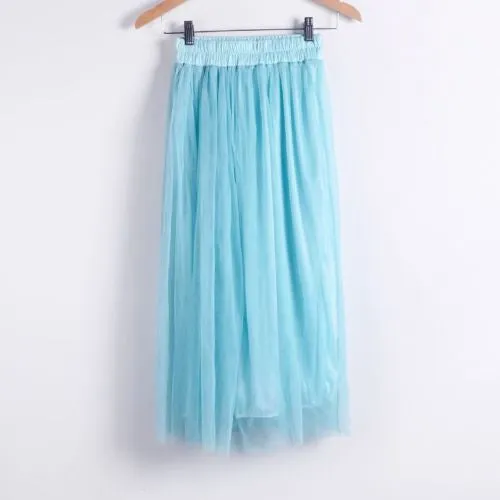 Ladies Women's Mid-calf Chic Pleated 3 Layers Gauze Tulle 70cm Long Maxi Skirts