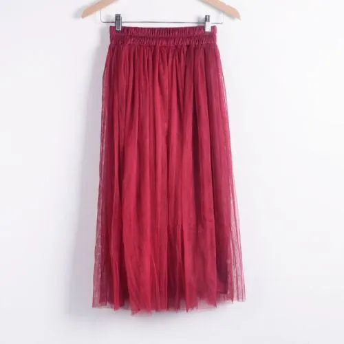 Ladies Women's Mid-calf Chic Pleated 3 Layers Gauze Tulle 70cm Long Maxi Skirts
