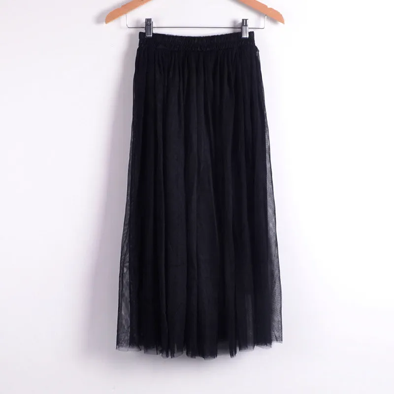 Ladies Women's Mid-calf Chic Pleated 3 Layers Gauze Tulle 70cm Long Maxi Skirts