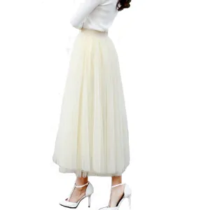 Ladies Women's Mid-calf Chic Pleated 3 Layers Gauze Tulle 70cm Long Maxi Skirts