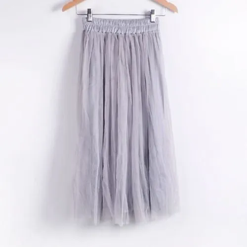 Ladies Women's Mid-calf Chic Pleated 3 Layers Gauze Tulle 70cm Long Maxi Skirts