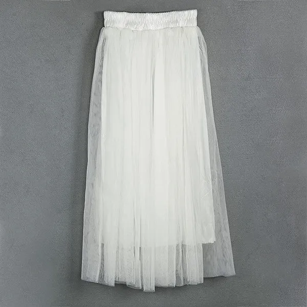 Ladies Women's Mid-calf Chic Pleated 3 Layers Gauze Tulle 70cm Long Maxi Skirts