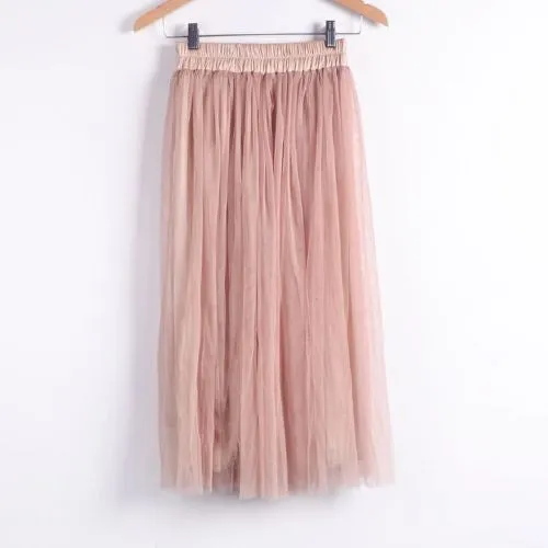 Ladies Women's Mid-calf Chic Pleated 3 Layers Gauze Tulle 70cm Long Maxi Skirts