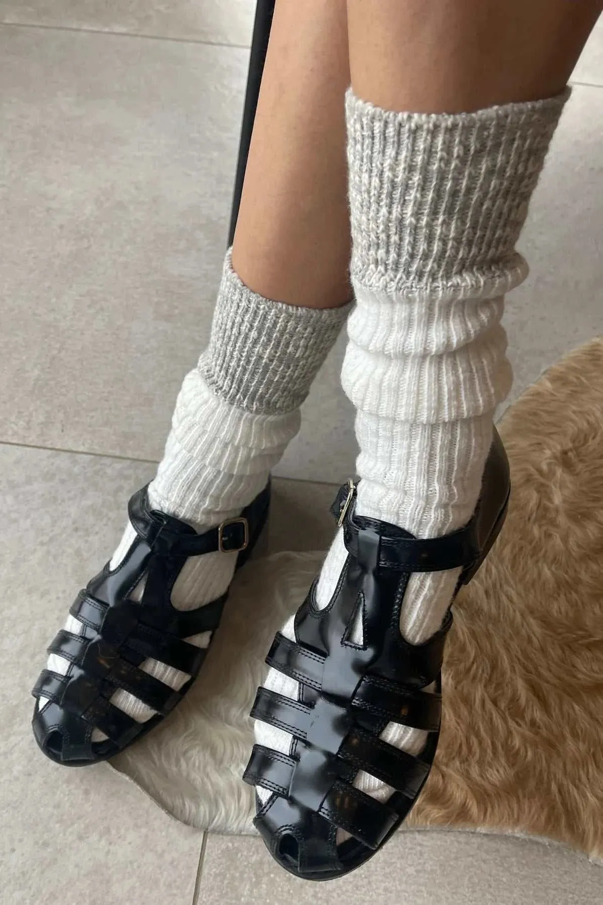 Le Bon Shoppe Cottage Socks White Linen And Grey