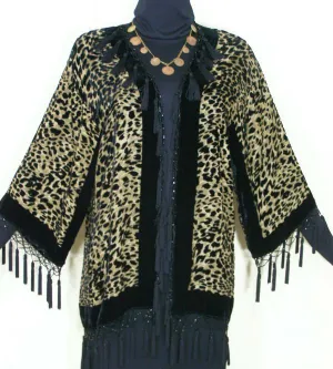 LEOPARD SILK JACKET KIMONO DUSTER BEADED SHORT NEW MAYA MATAZARO