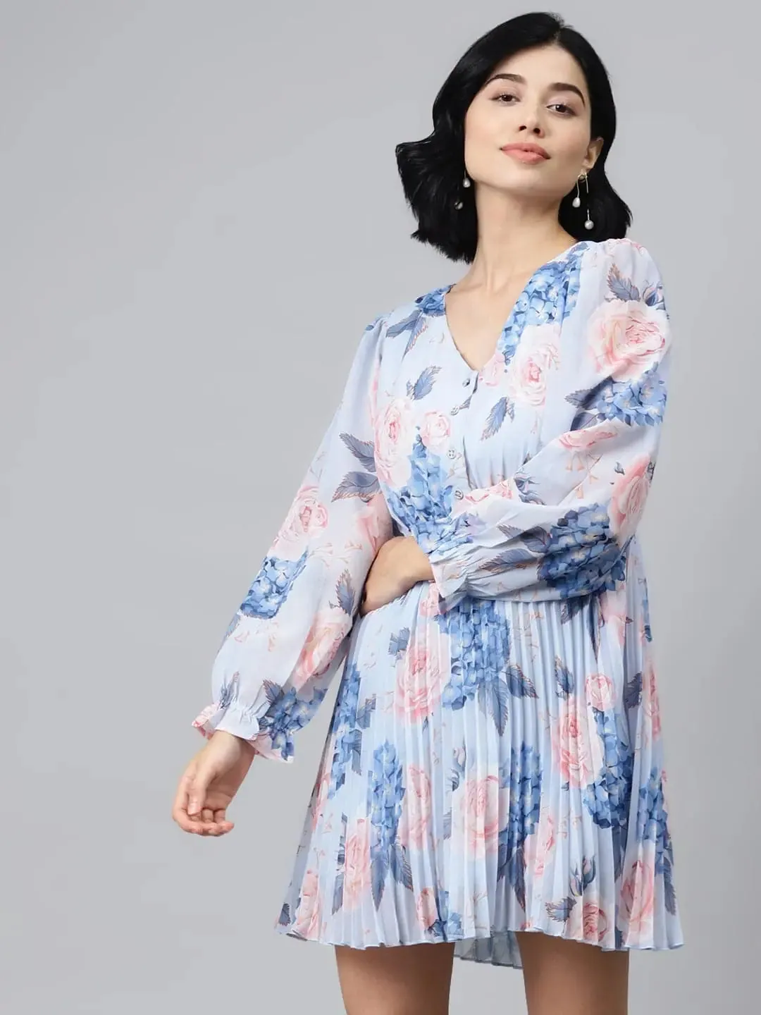 Light Blue Floral Pleated Skater Dress