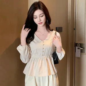 Lightweight Long Sleeve Blouse with V-Neck and Beautiful Broderie