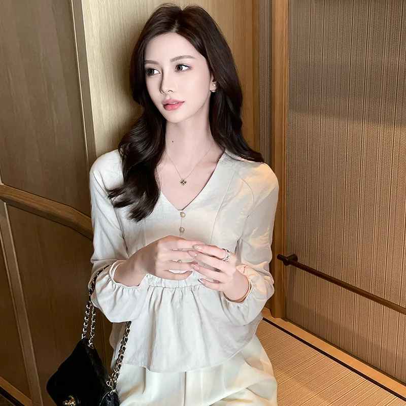 Lightweight Long Sleeve Blouse with V-Neck and Beautiful Broderie