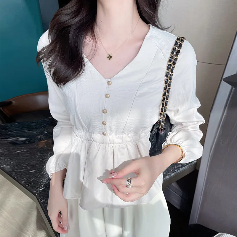 Lightweight Long Sleeve Blouse with V-Neck and Beautiful Broderie