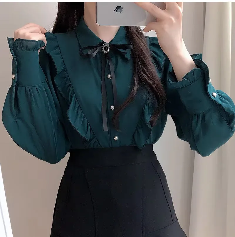 Long Sleeve Cute Bow Tie Retro Office Blouse Shirt