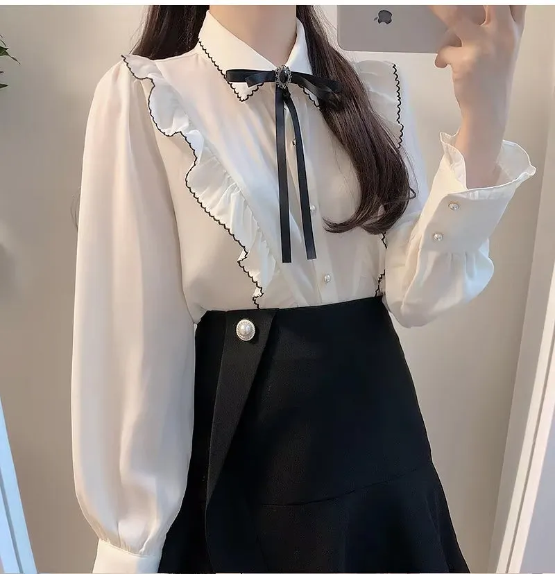 Long Sleeve Cute Bow Tie Retro Office Blouse Shirt
