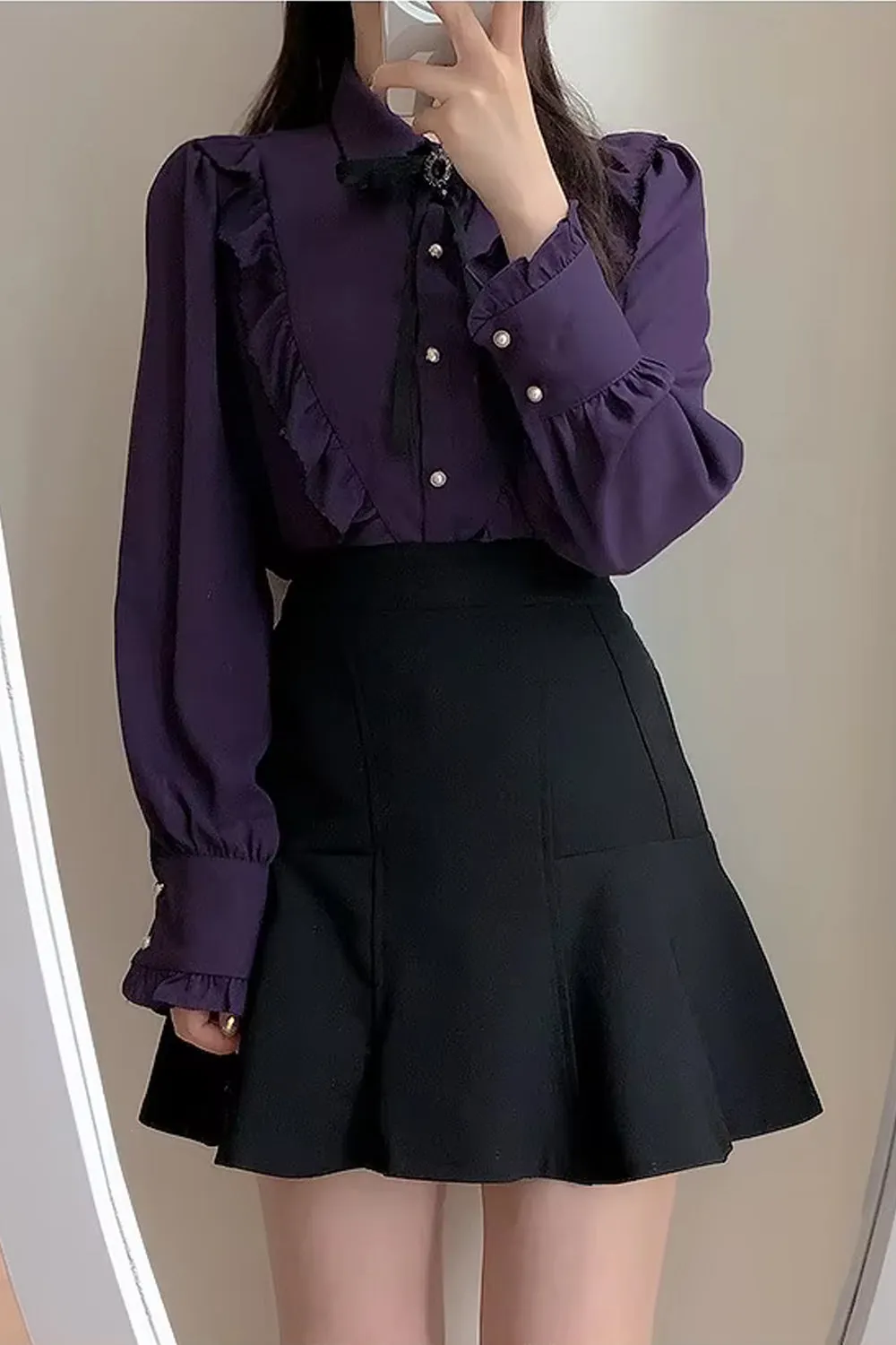 Long Sleeve Cute Bow Tie Retro Office Blouse Shirt