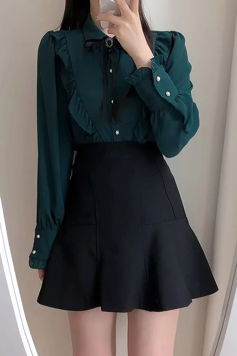 Long Sleeve Cute Bow Tie Retro Office Blouse Shirt