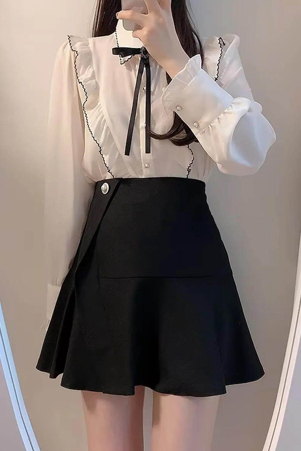 Long Sleeve Cute Bow Tie Retro Office Blouse Shirt