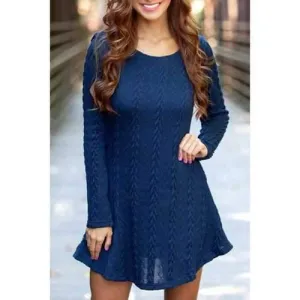 Long Sleeve Mini Skater Sweater Dress - Purplish Blue L