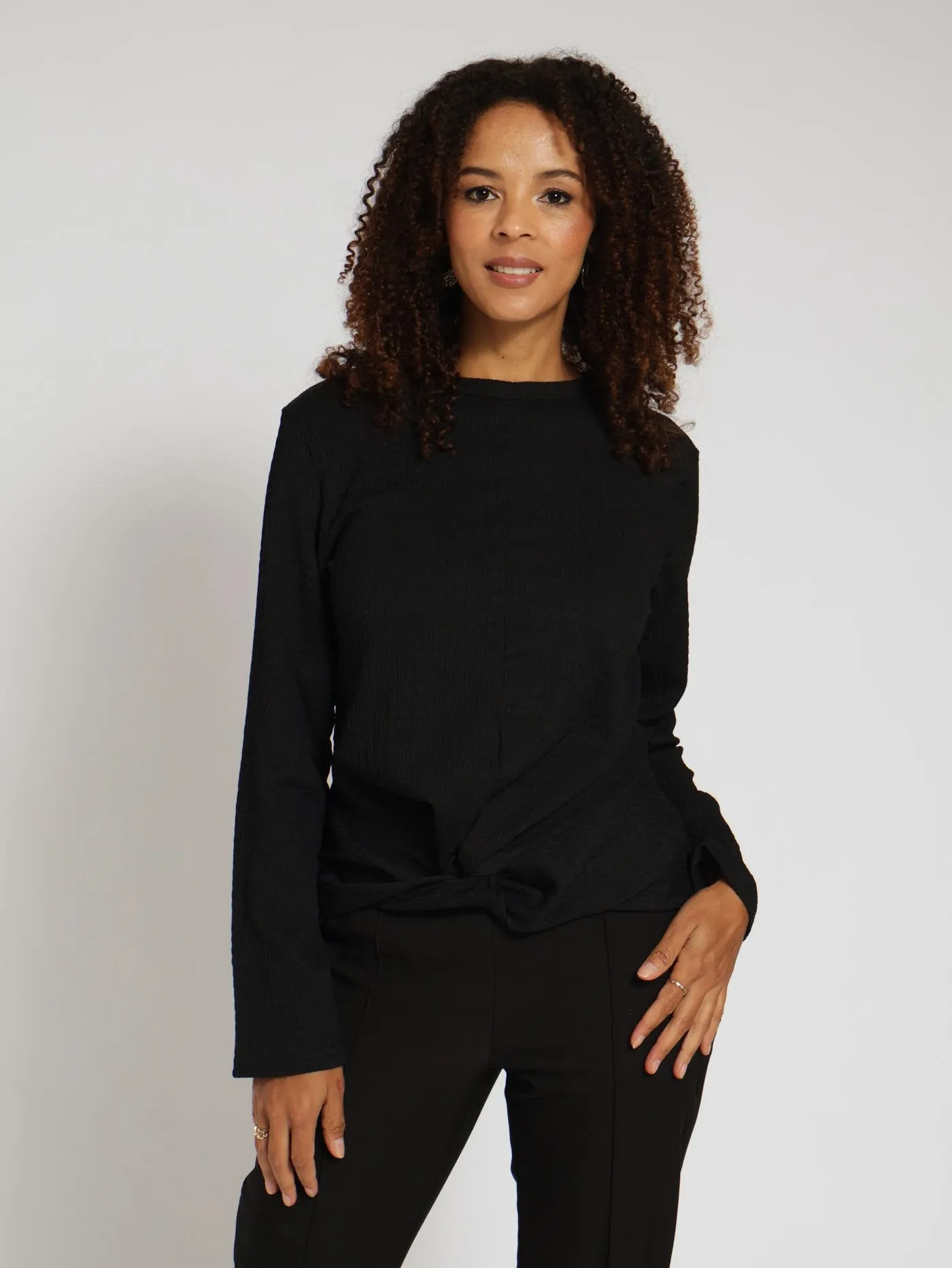 Long Sleeve Textured Knit Active Top - Black