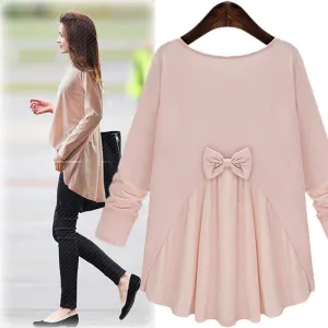 long-sleeved shirt loose round neck blouse for women short in front long cotton clothes bow shirt for fashion girl