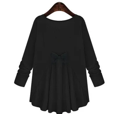long-sleeved shirt loose round neck blouse for women short in front long cotton clothes bow shirt for fashion girl