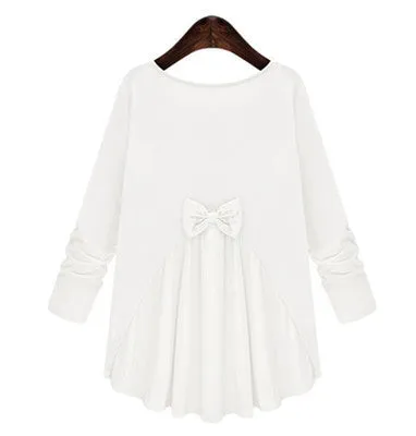 long-sleeved shirt loose round neck blouse for women short in front long cotton clothes bow shirt for fashion girl