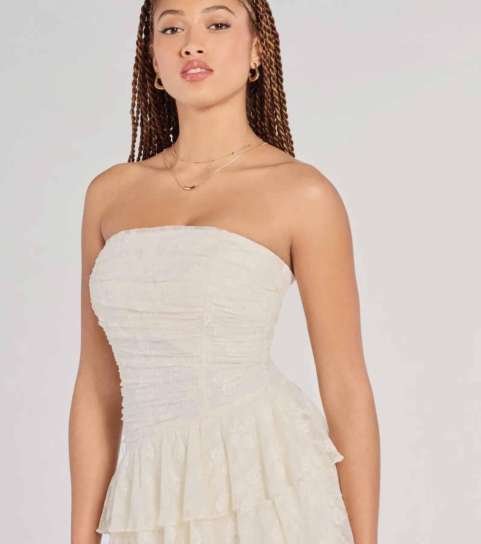 Lovely Nights Strapless Lace Ruffle Skater Dress