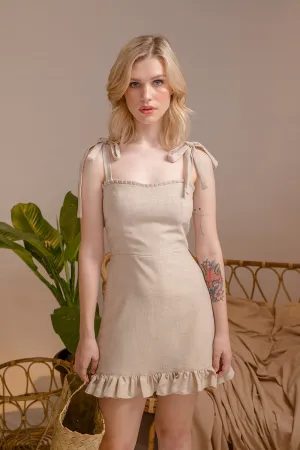 LUMINOSA Mini Dress with Bow Straps and Ruffled Skirt (Nude Linen)