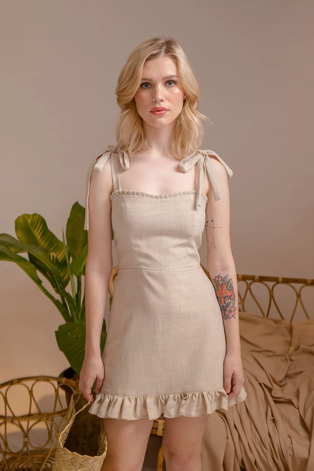 LUMINOSA Mini Dress with Bow Straps and Ruffled Skirt (Nude Linen)