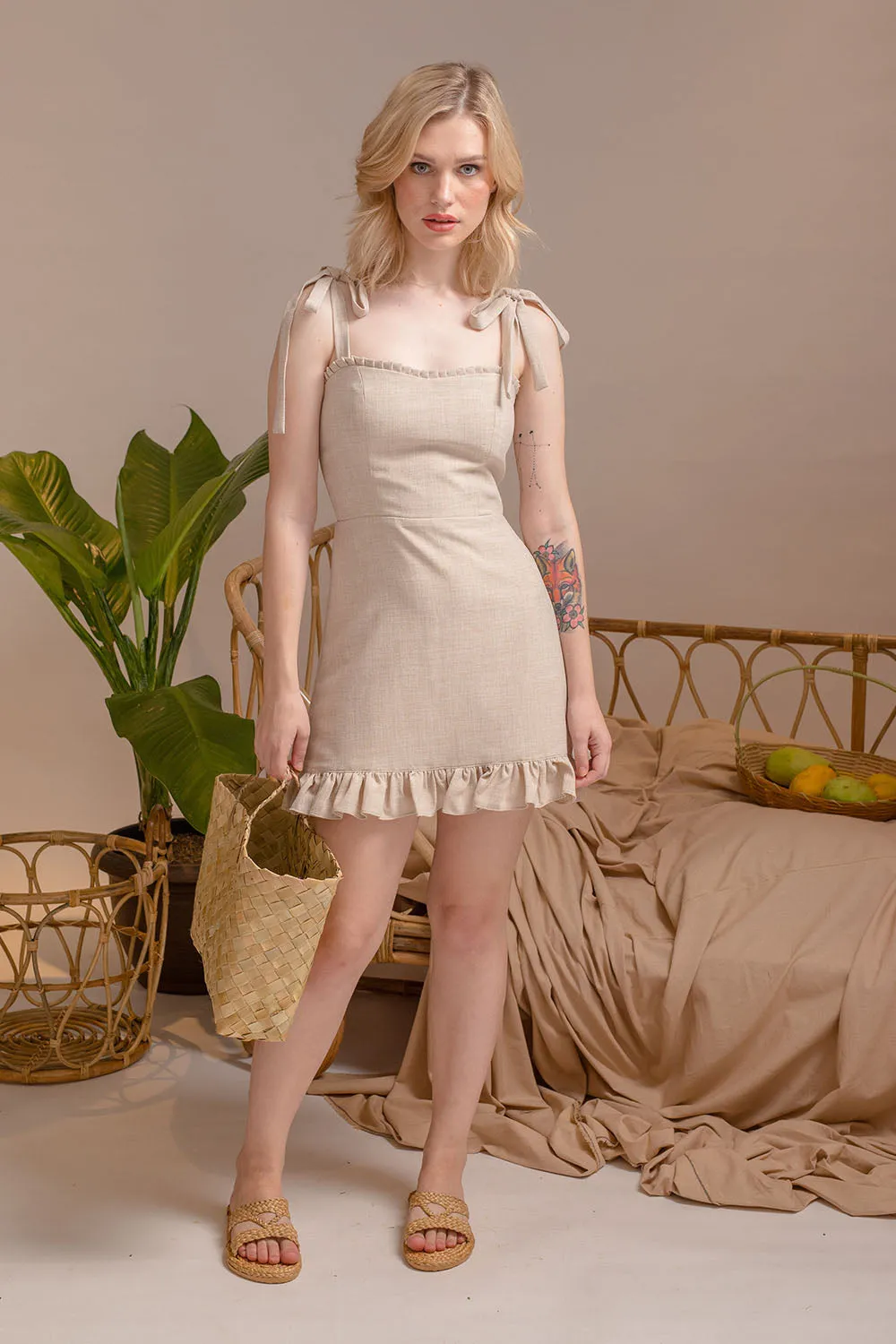 LUMINOSA Mini Dress with Bow Straps and Ruffled Skirt (Nude Linen)