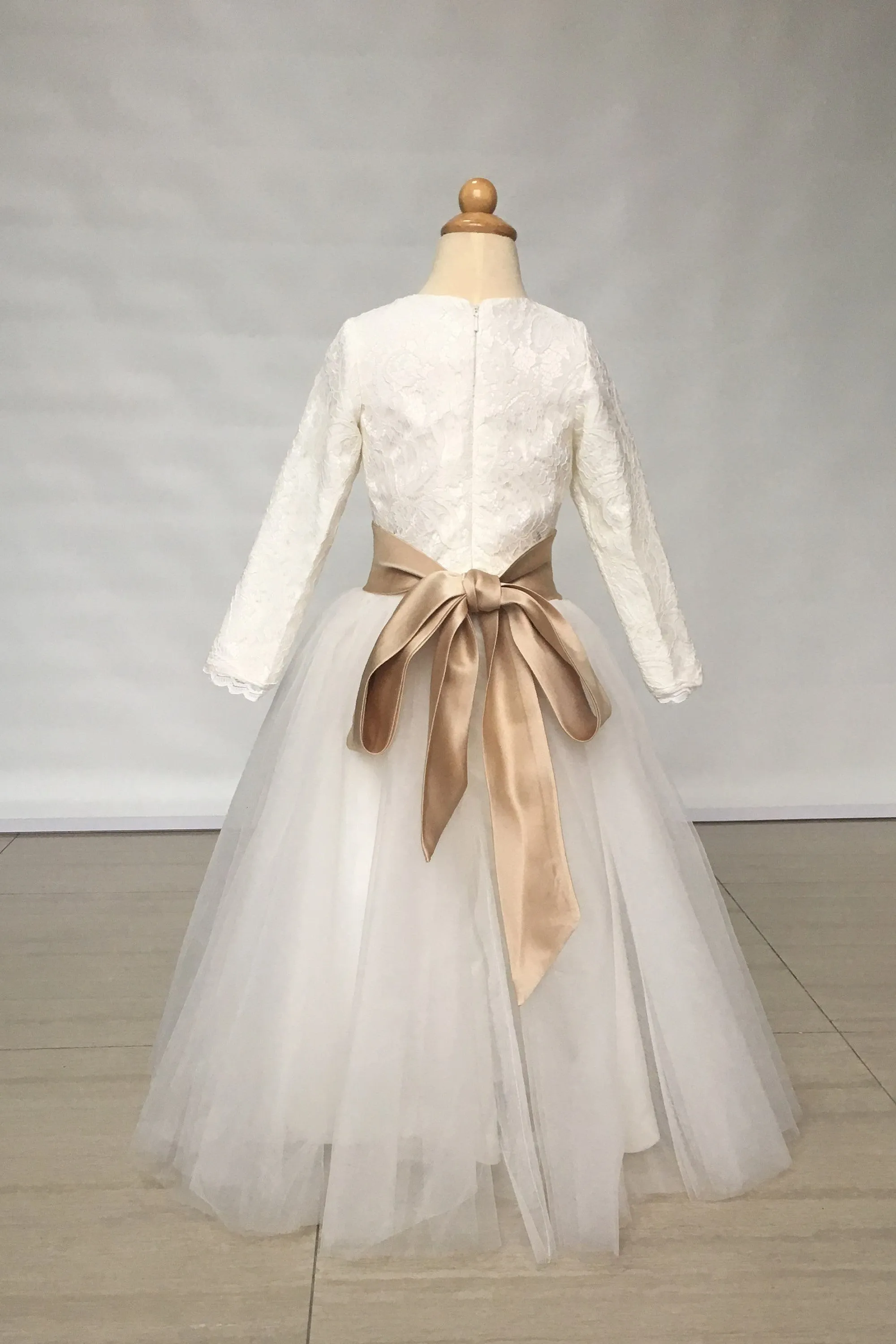 lvory Lace Long Sleeve Flower Girl Dress with Belt
