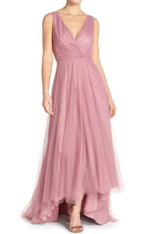 MACloth Straps V Neck Tulle Hi-Lo Bridesmaid Dress Blush Pink Mother of the Brides Dress