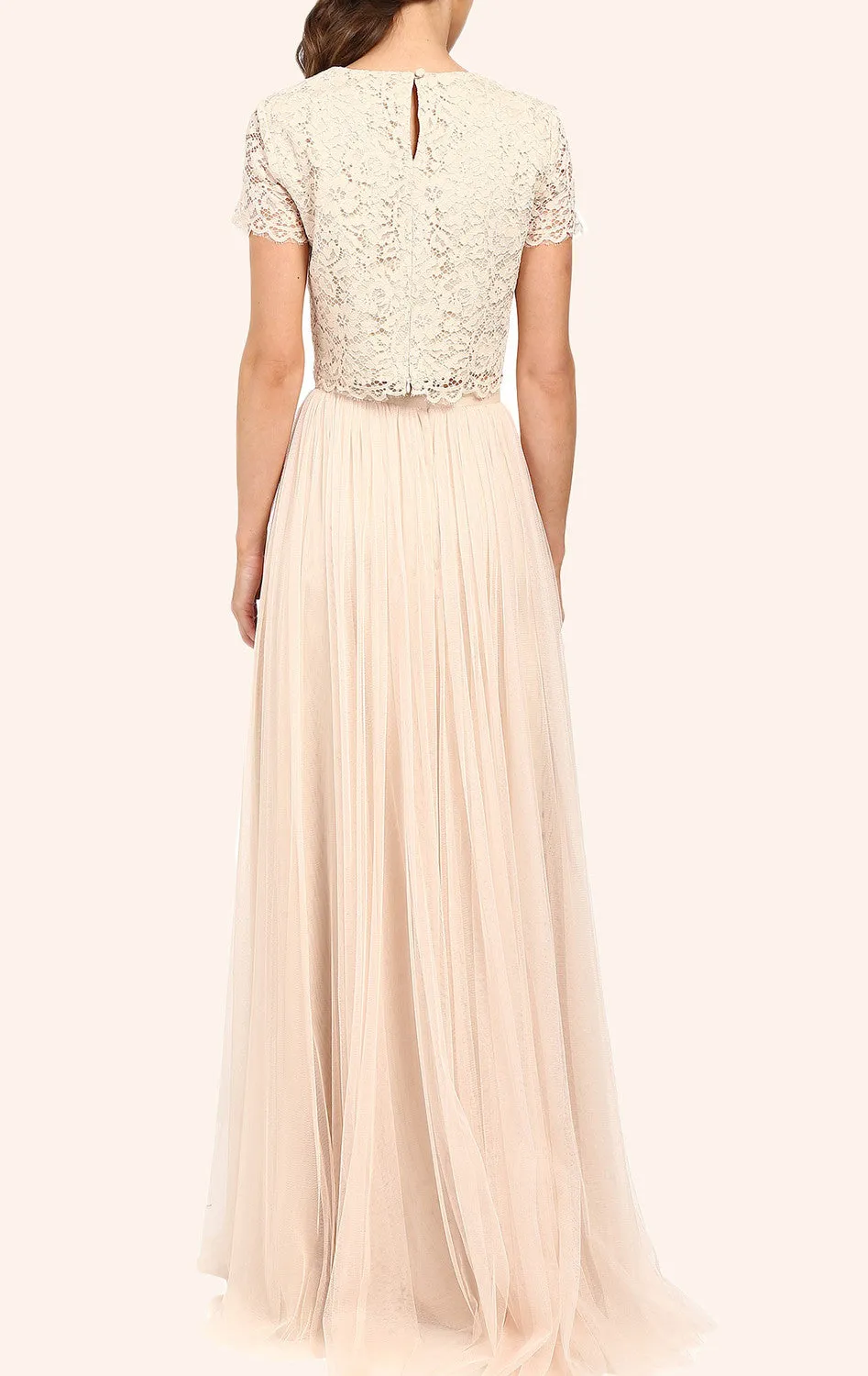 MACloth Two Piece Lace Tulle Long Bridesmaid Dress Champagne Formal Gown