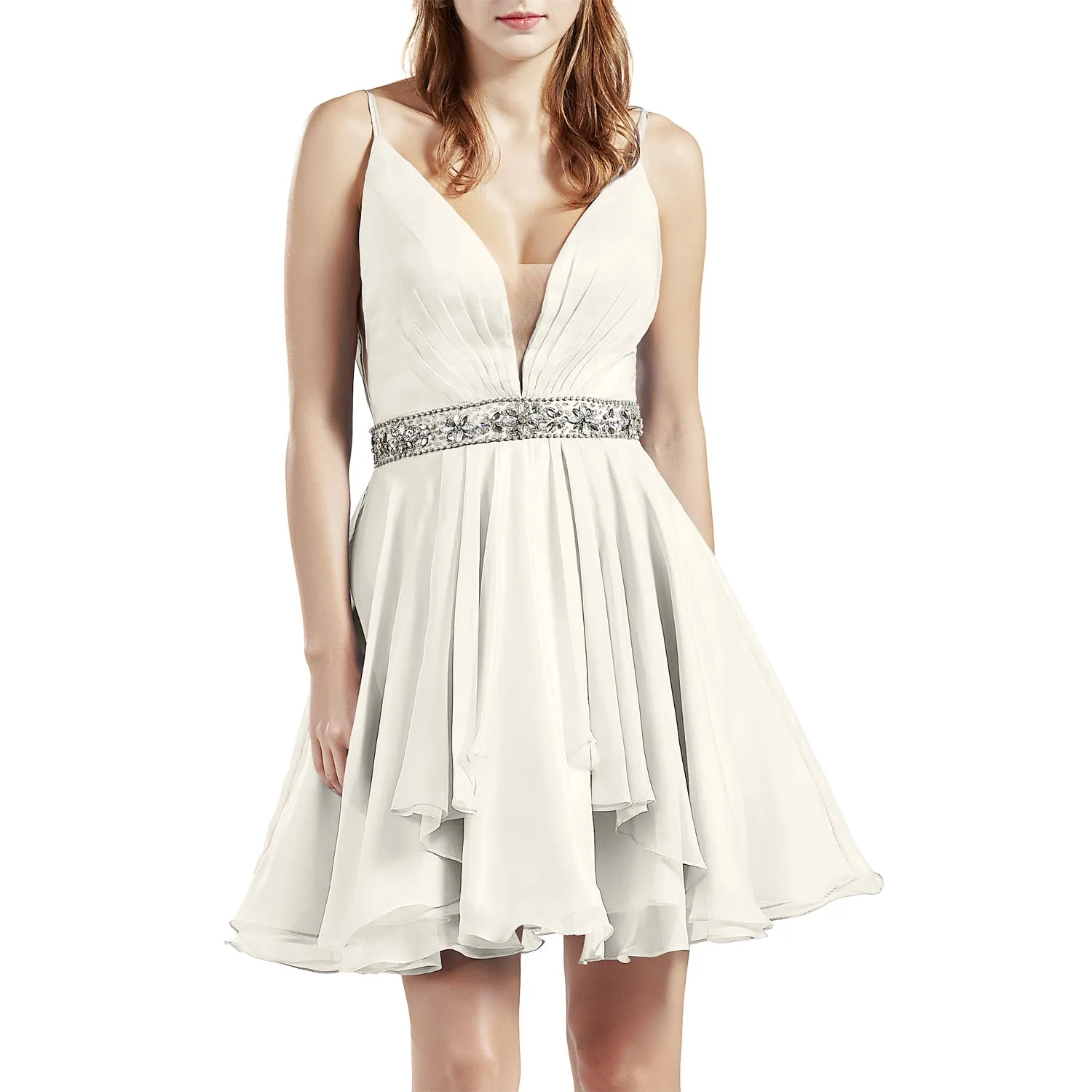MACloth Women Short V Neck Beading Chiffon Cute Prom Homecoming Dresses Cocktail