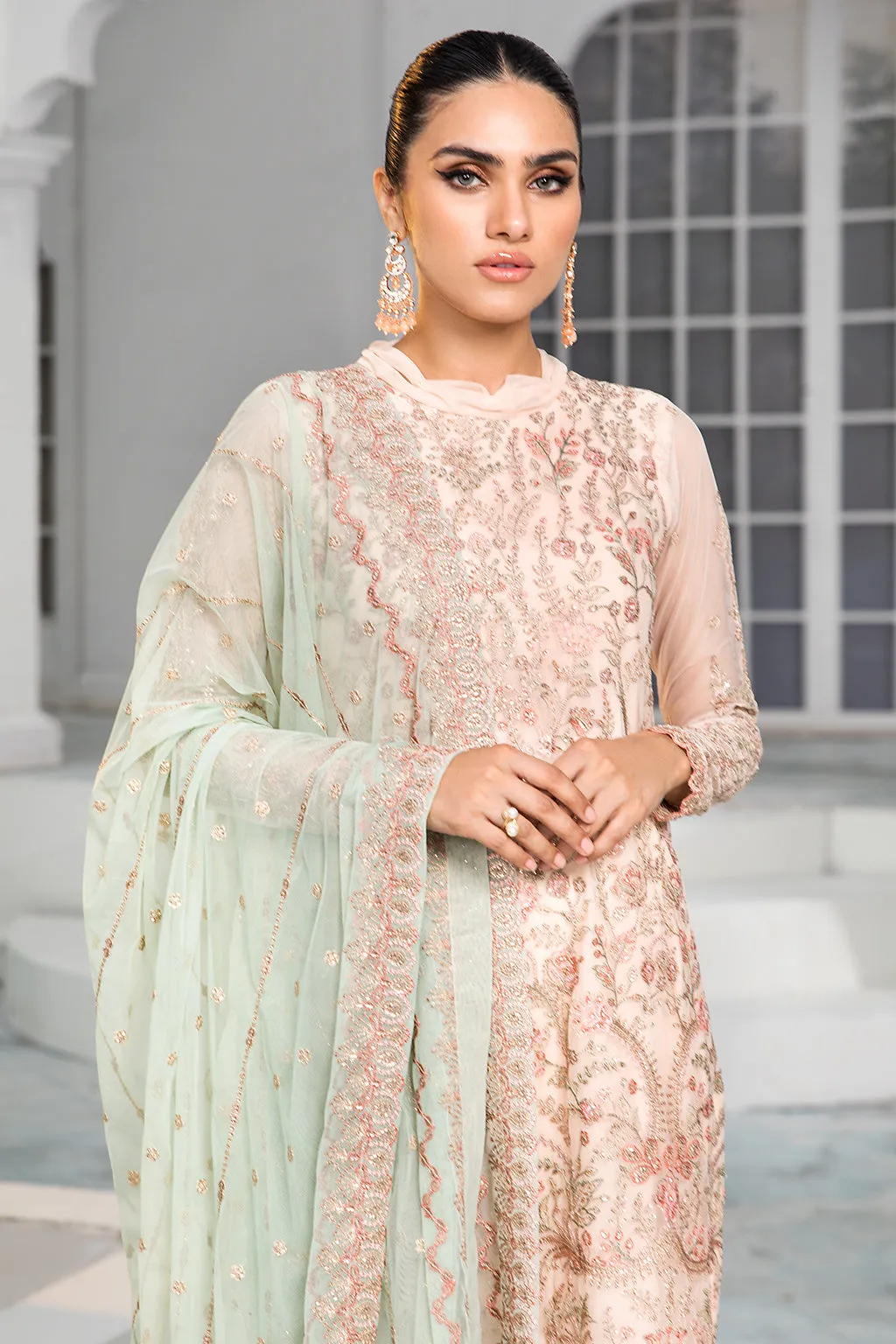 Maria B Peach Pink Long Kameez in Capri Style with Dupatta Party Wear