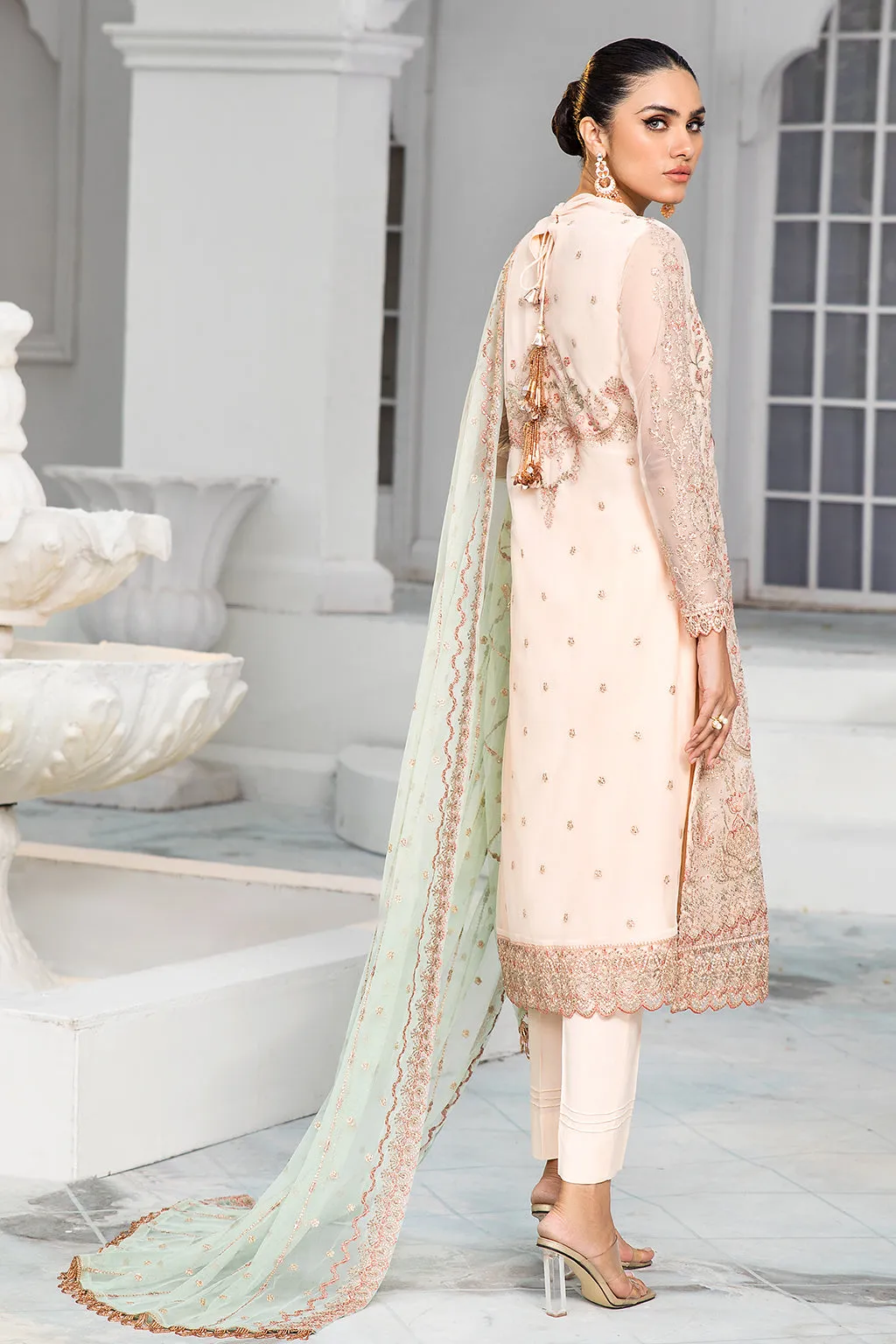 Maria B Peach Pink Long Kameez in Capri Style with Dupatta Party Wear