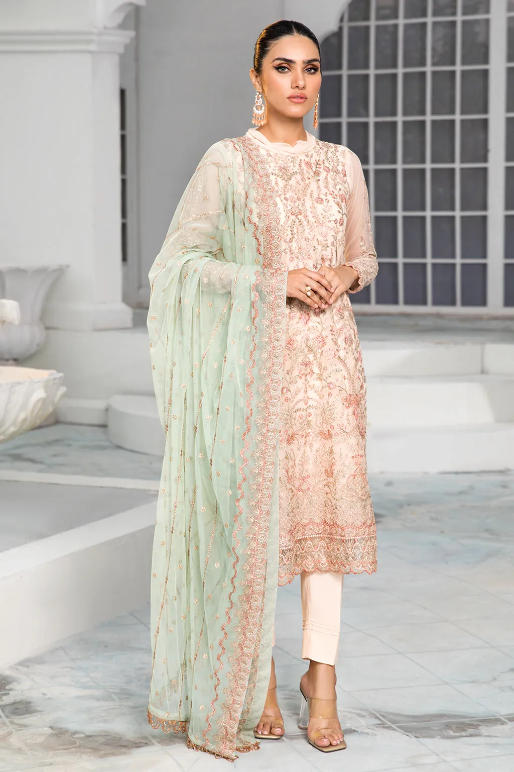 Maria B Peach Pink Long Kameez in Capri Style with Dupatta Party Wear