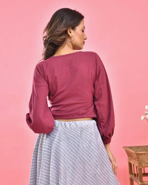 Maroon Wrap On Crop Top Blouse