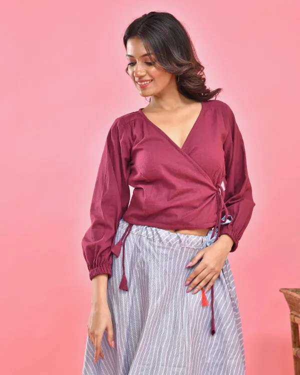 Maroon Wrap On Crop Top Blouse