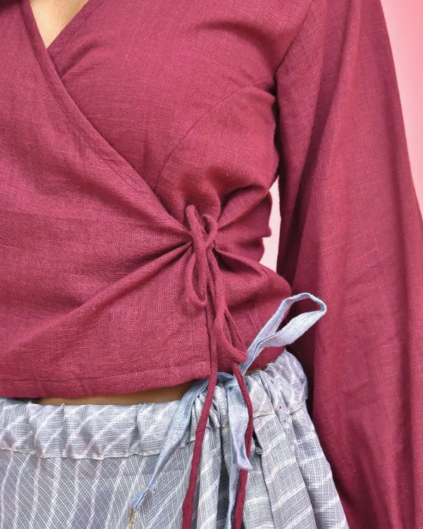 Maroon Wrap On Crop Top Blouse